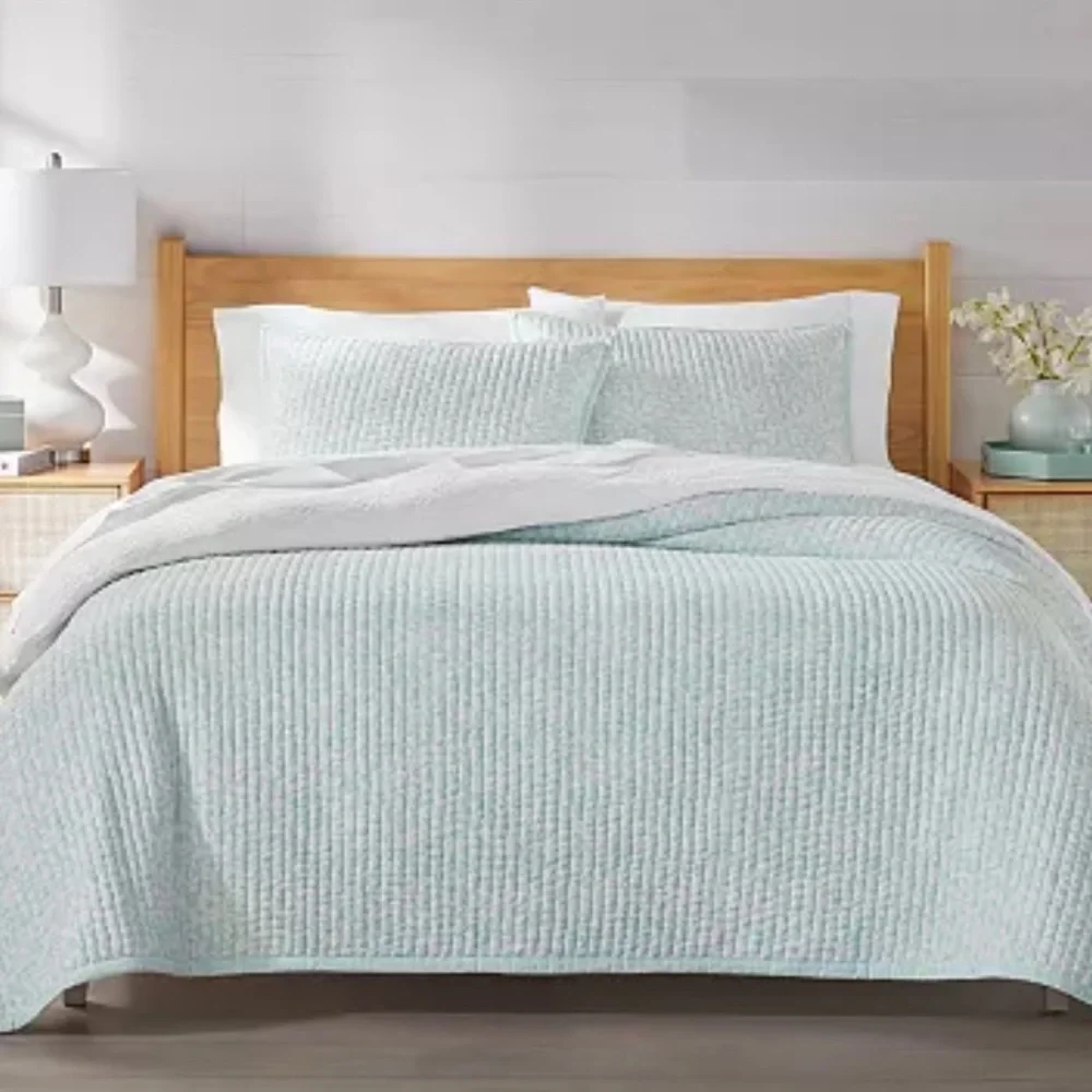 Charter Club Cotton Quilt Leaf Silhouette 3 Piece Set Full Queen Blue